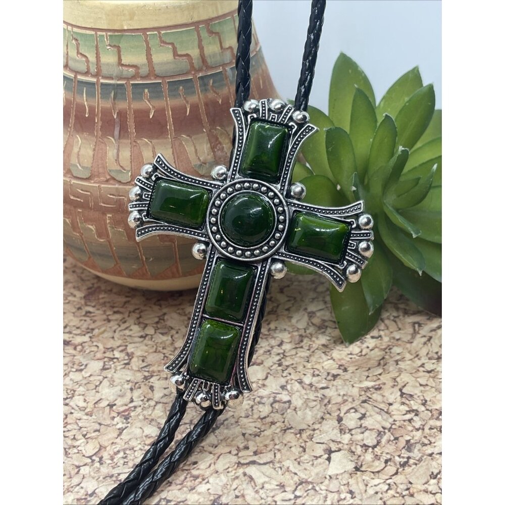 Wedding Country Cross Irish Green Silver Dad Bolo Tie Western Cowboy Southwest